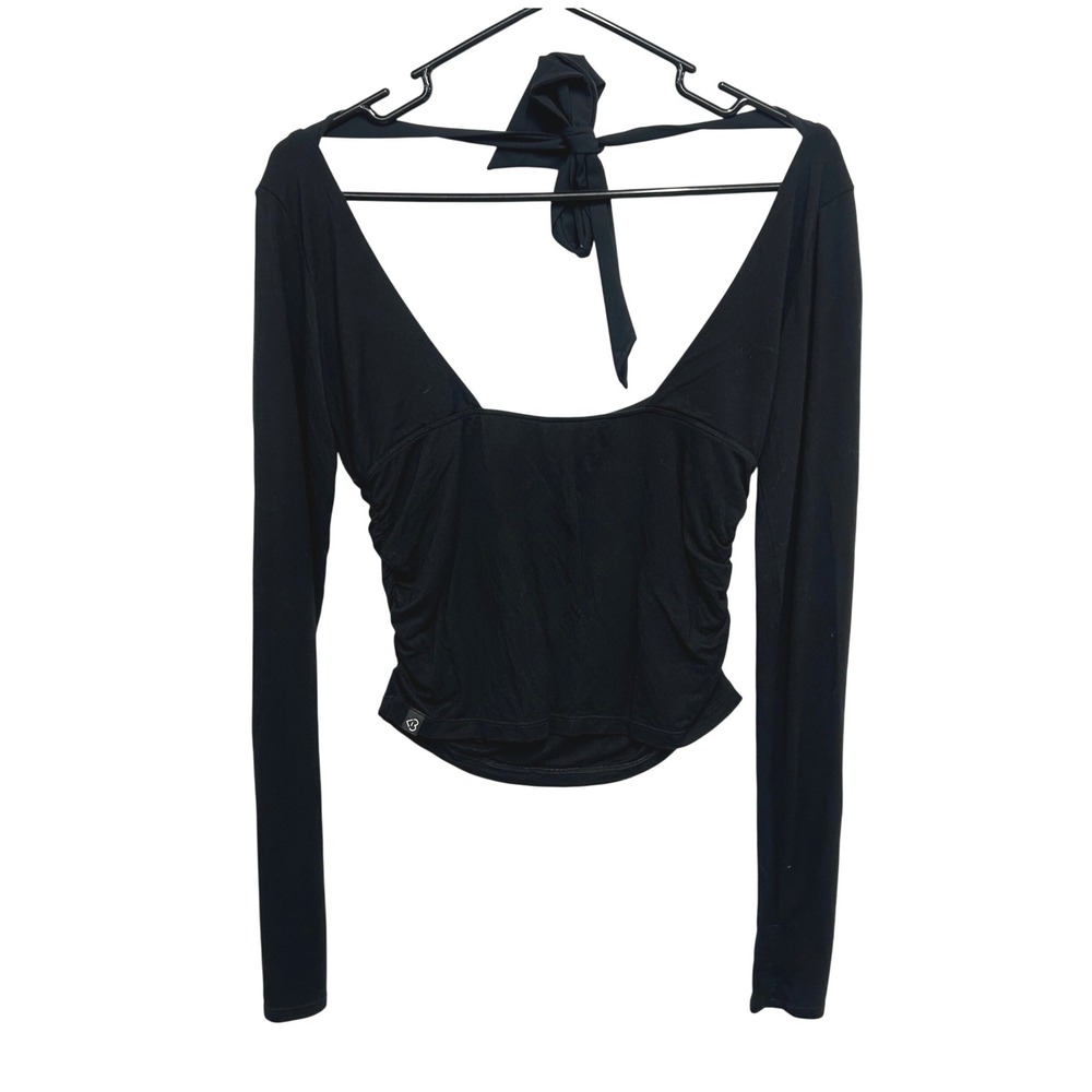 Y2K Coquette Black Open Back Going Out Top XXS‎ Ruched Long Sleeve Balletcore
